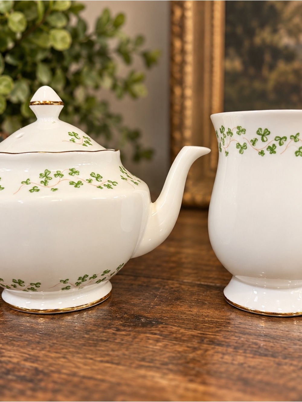 Vintage Royal Tara Ireland Fine Bone China Shamrock Teapot Pitcher Set Gold Trim
